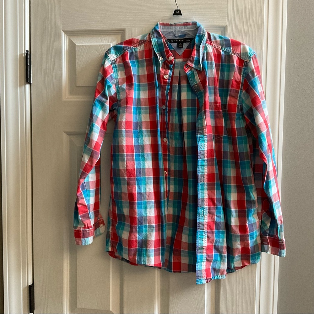 Worn Once! Tommy Hilfiger Red and Blue Plaid Casual Shirt SzXL